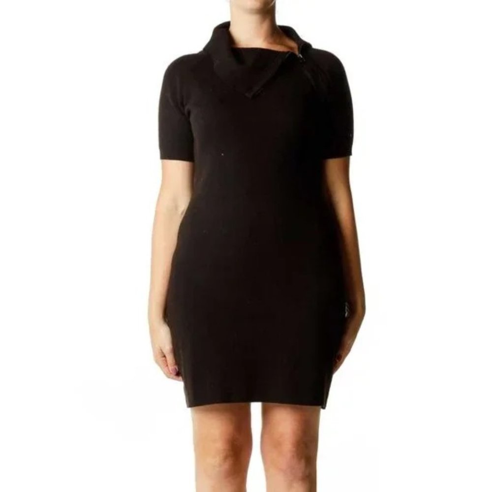 CALVIN KLEIN Black Zipper Cowl Neck Knit Sweater Dress